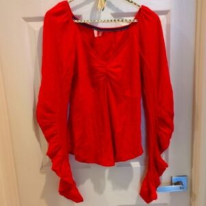 Anthropologie Pilcro Red Ruched Ruffled Blouse Large Anthro
